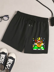 Reindeer & Snowflake Print Drawstring Shorts
