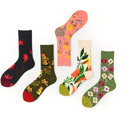 5 Pairs Floral Print Mid Tube Socks for Women