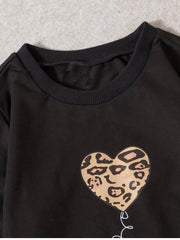 Girls Leopard Heart Letter Print Pullover Sweatshirt Crew Neck Tops