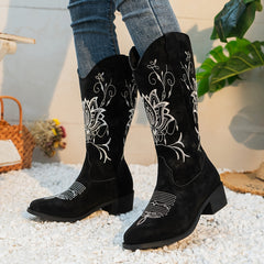 Women's Embroidered Western Mid Calf Boots V Cut Low Heel Slip On Cowgirl Boots