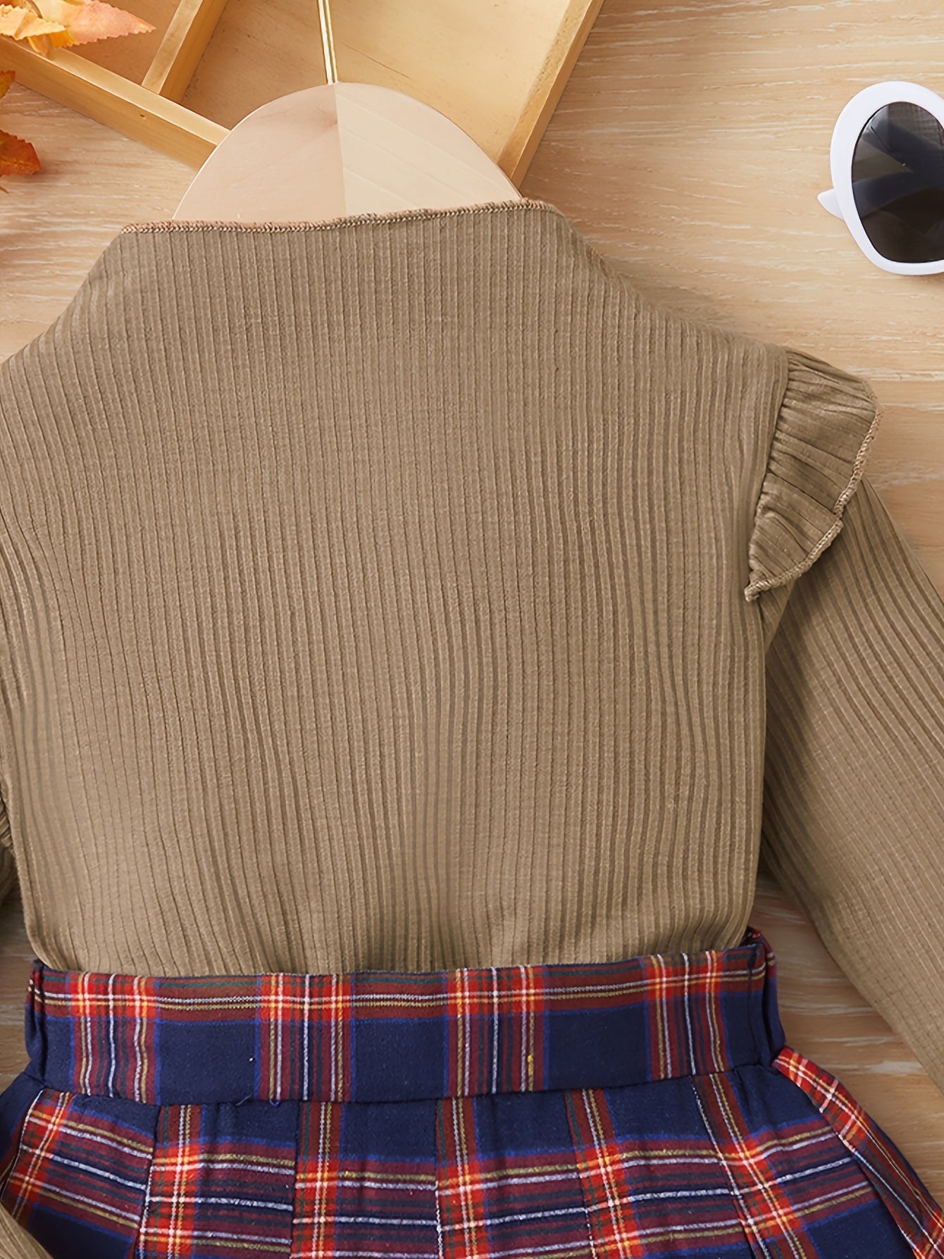 Girl's Mock Neck Top & Plaid Skirt Set Preppy Style Outfit
