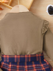 Girl's Mock Neck Top & Plaid Skirt Set Preppy Style Outfit