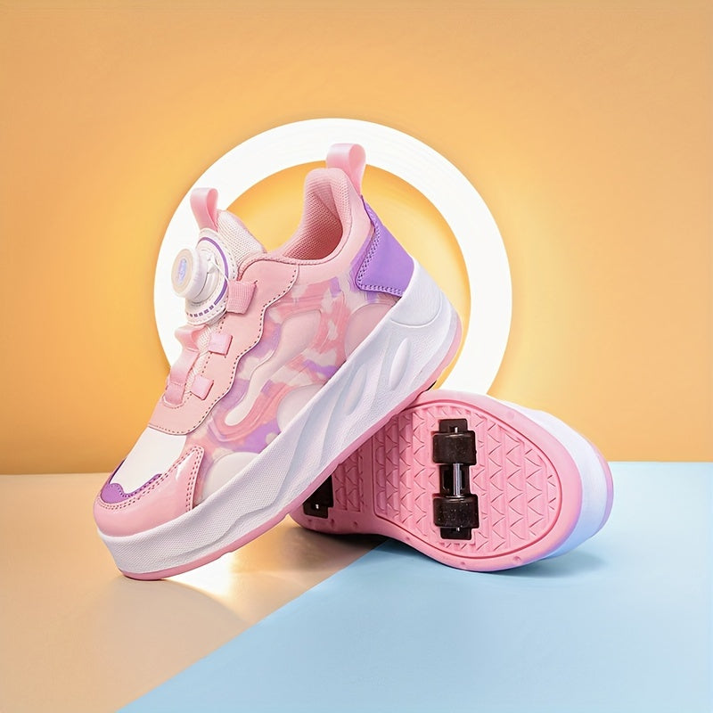 Girl's Roller Shoes with Rotating Buckle Comfy Wheel Skate Sneakers