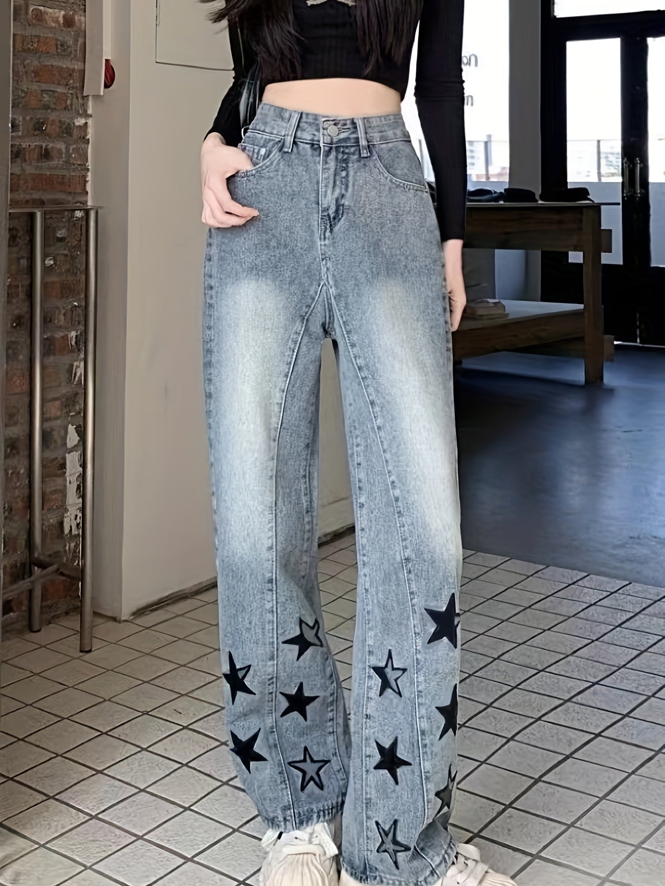 Star Print Wide Leg Pintuck Jeans High Rise
