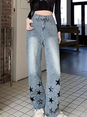 Star Print Wide Leg Pintuck Jeans High Rise