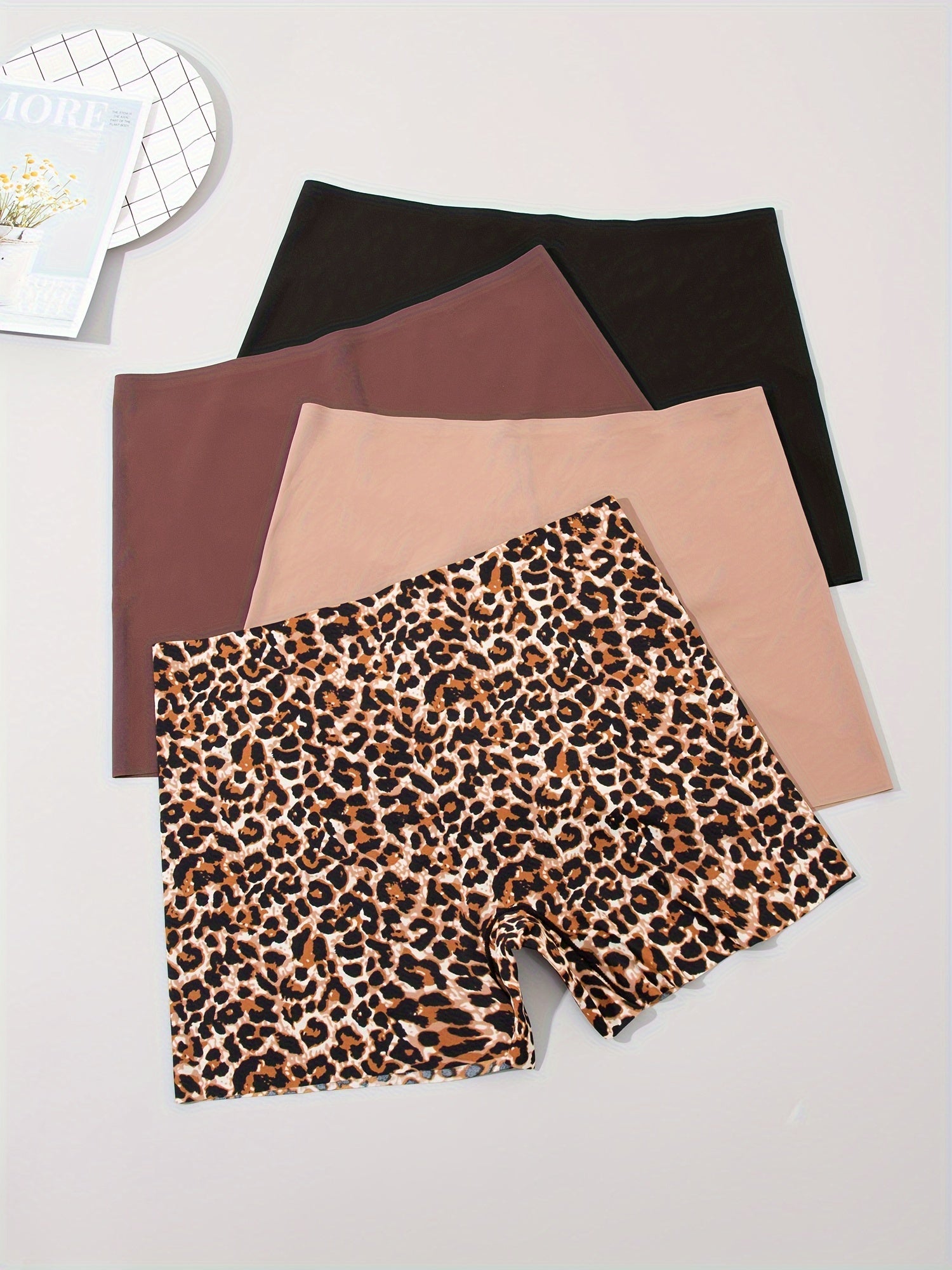 4pcs Leopard & Solid Boyshort Panties Soft & Comfortable Stretch Panties