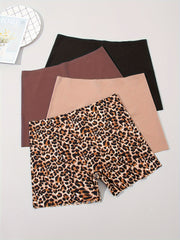 4pcs Leopard & Solid Boyshort Panties Soft & Comfortable Stretch Panties