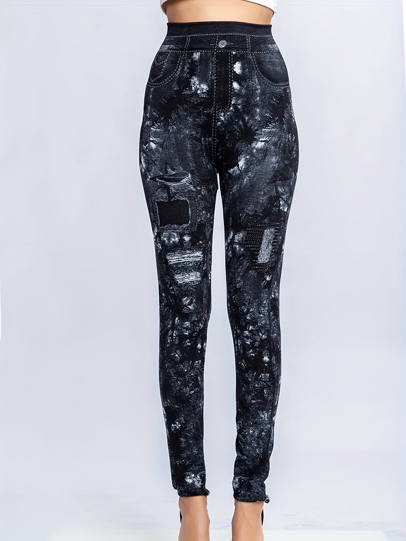 Denim Print High Waist Jeggings Slim Stretchy Casual Leggings Women