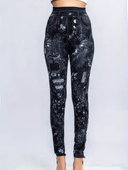 Denim Print High Waist Jeggings Slim Stretchy Casual Leggings Women