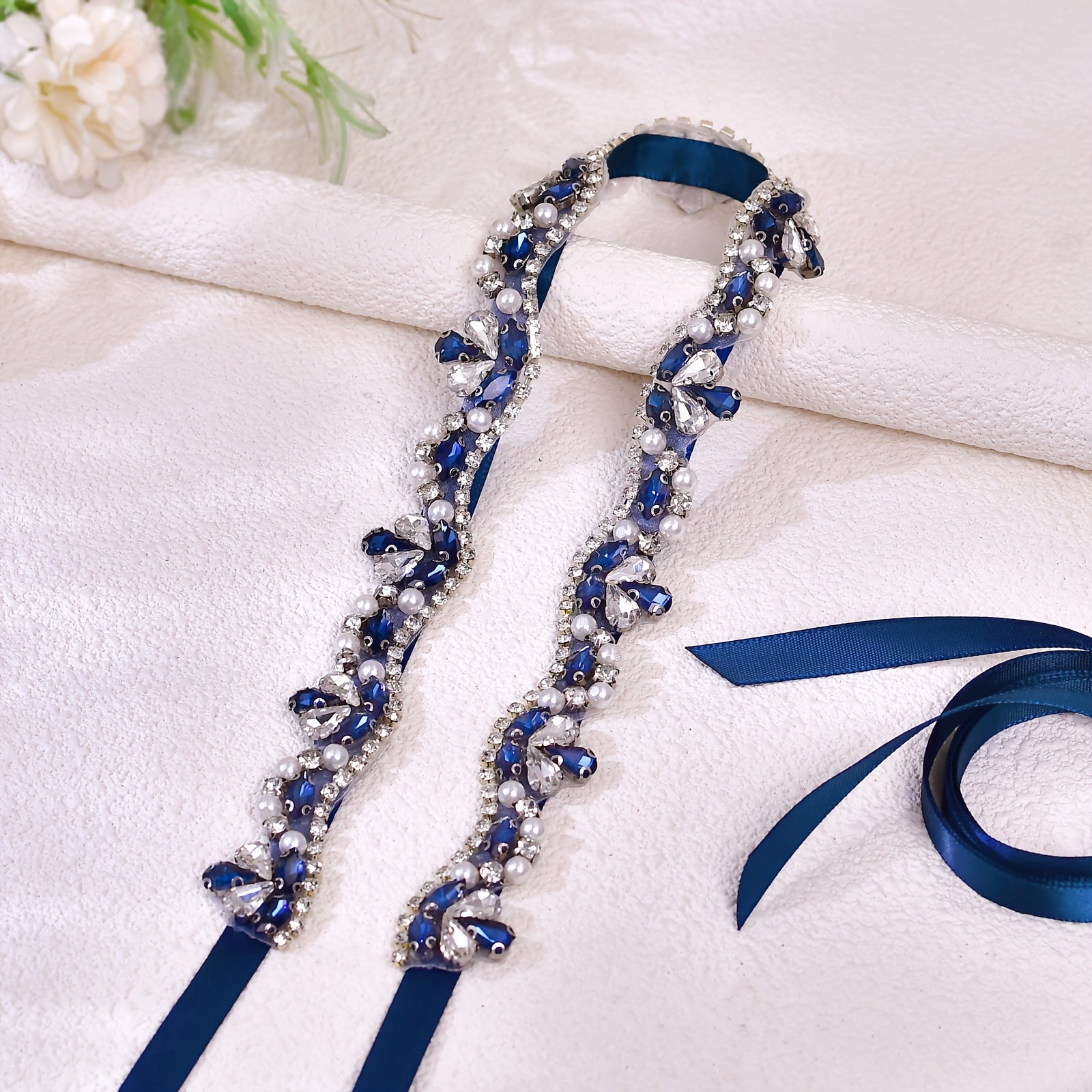 Navy Rhinestone Wedding Sash Beaded Waist Belt Adjustable Fit