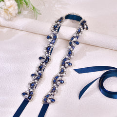 Navy Rhinestone Wedding Sash Beaded Waist Belt Adjustable Fit