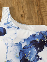 Marble Print One Shoulder Tie Front One Piece Bathing Suit