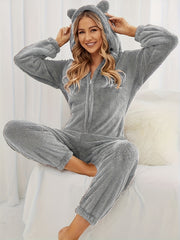 Fuzzy Hooded Pajama Jumpsuit Long Sleeve Zipper Pajamas