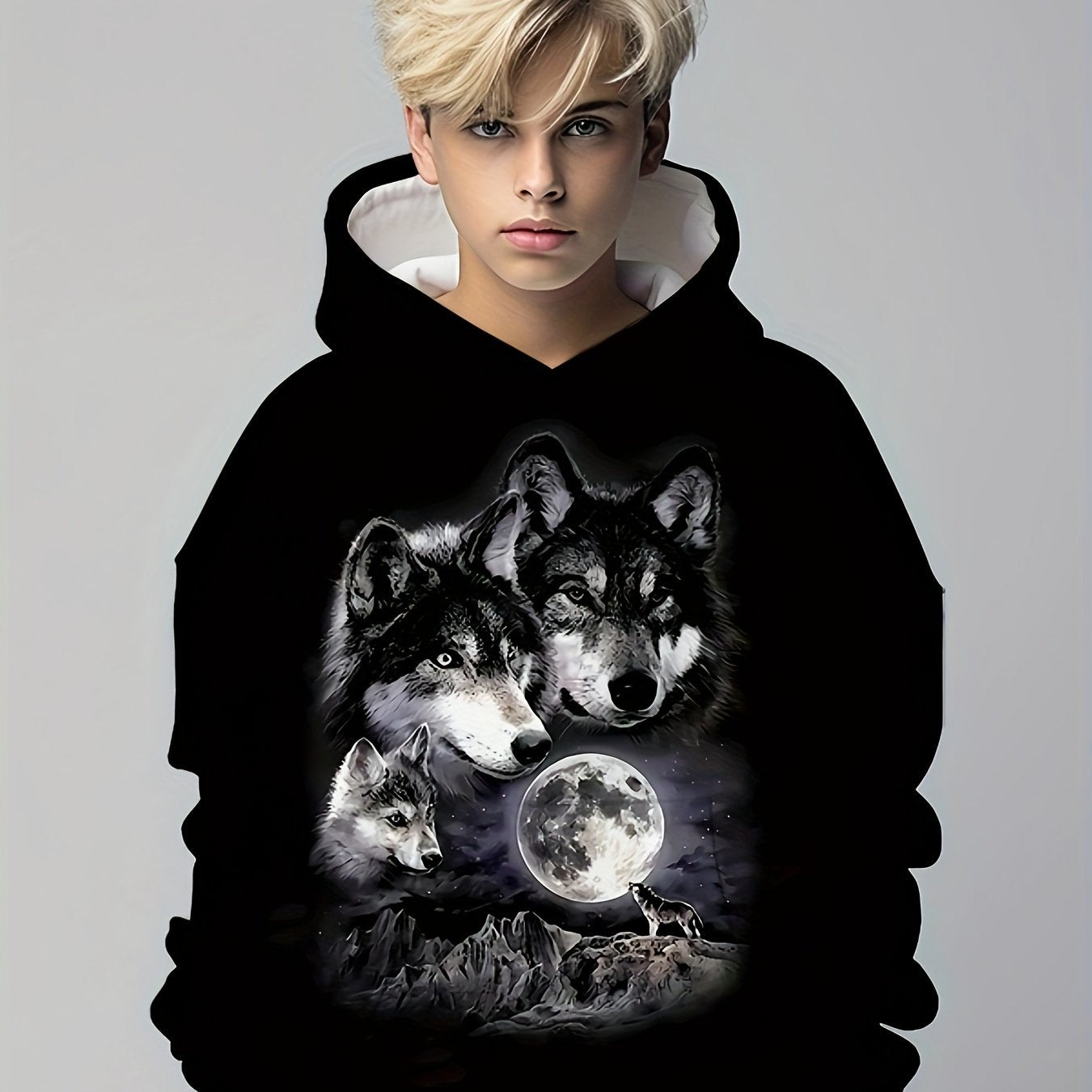 Moon & Wolves 3D Print Hoodie Kids Hip Hop Street Sports Casual Tops