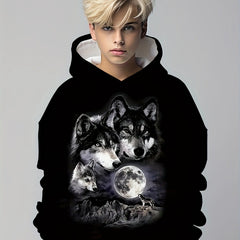 Moon & Wolves 3D Print Hoodie Kids Hip Hop Street Sports Casual Tops