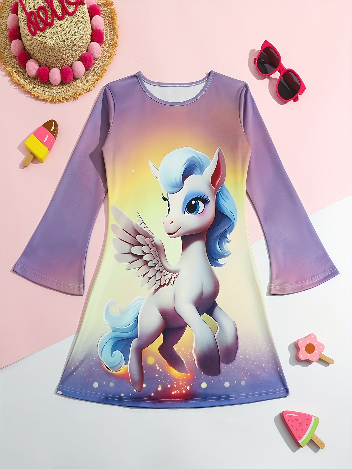 Girls Sweet Unicorn Graphic Crew Neck Long Sleeve Dress