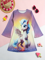 Girls Sweet Unicorn Graphic Crew Neck Long Sleeve Dress