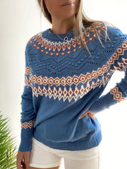 Argyle Pattern Knit Sweater Vintage Crew Neck Long Sleeve Women's Clothing