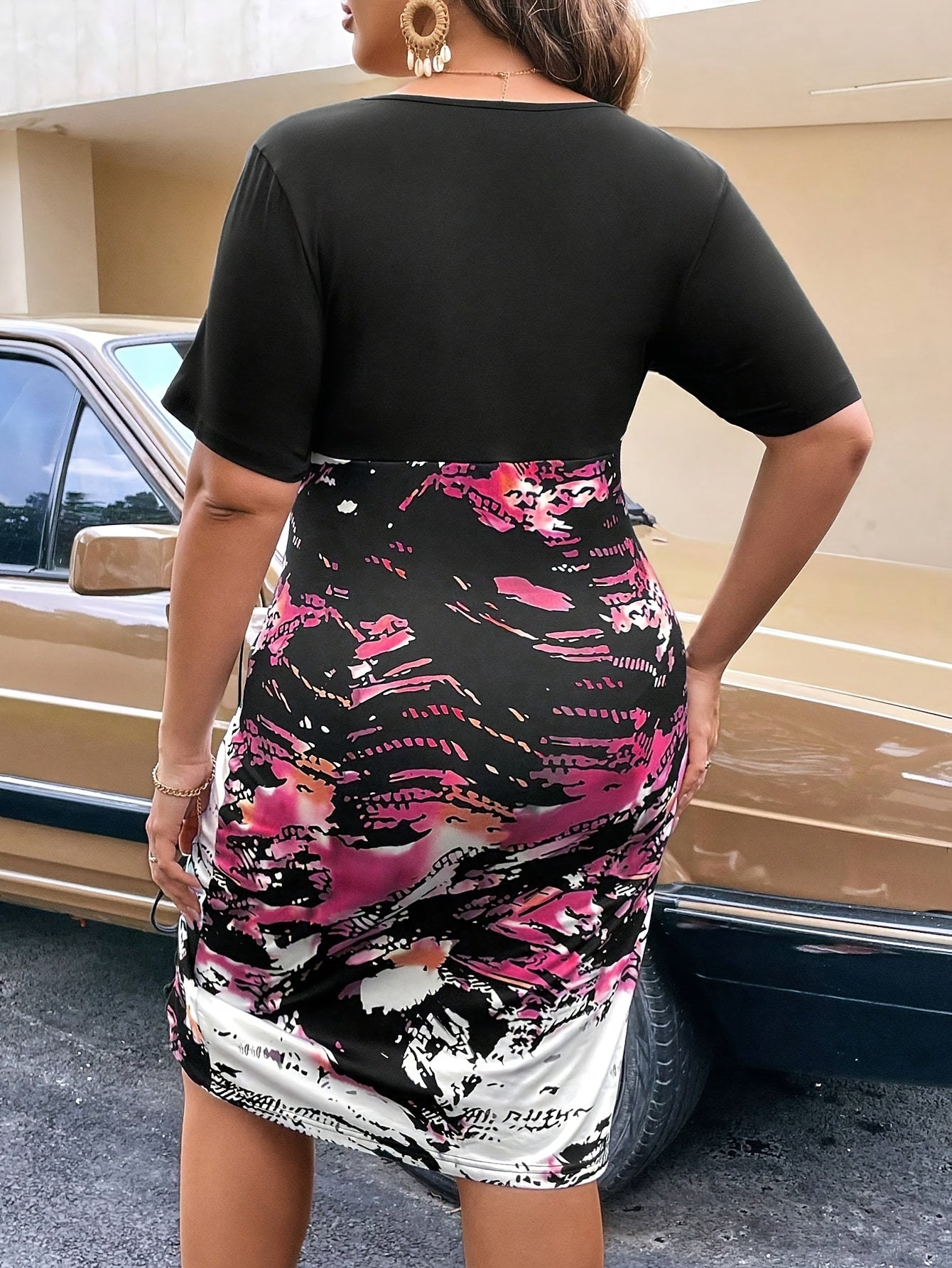 Colorblock Tie Dye Round Neck Ruched Dress