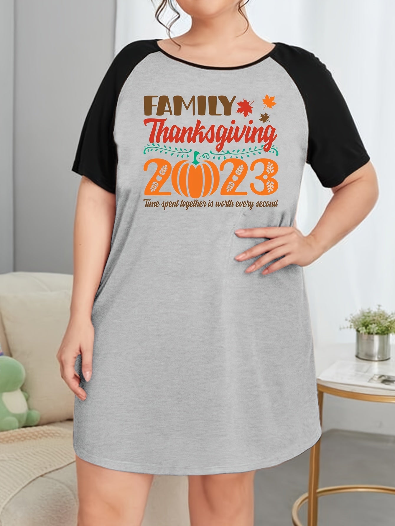 Thanksgiving Pumpkin Print Raglan Sleeve Tee Sleep Dress