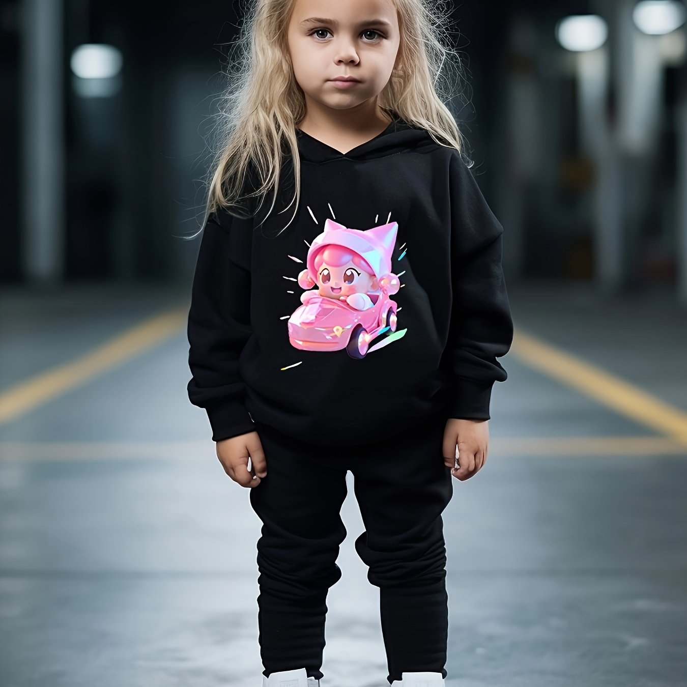 Cartoon Girl Driving Car Print Hoodie & Sweatpants Set