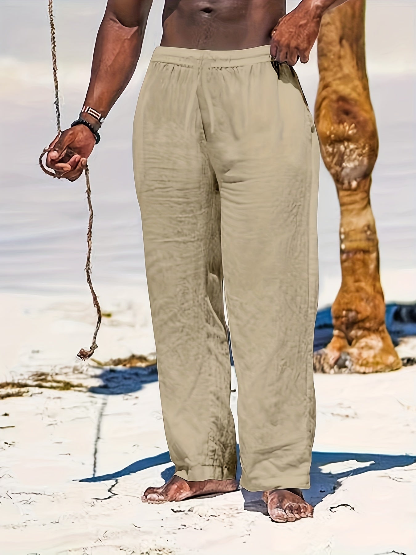 Men's Drawstring Beach Pants Solid Casual Baggy Trousers