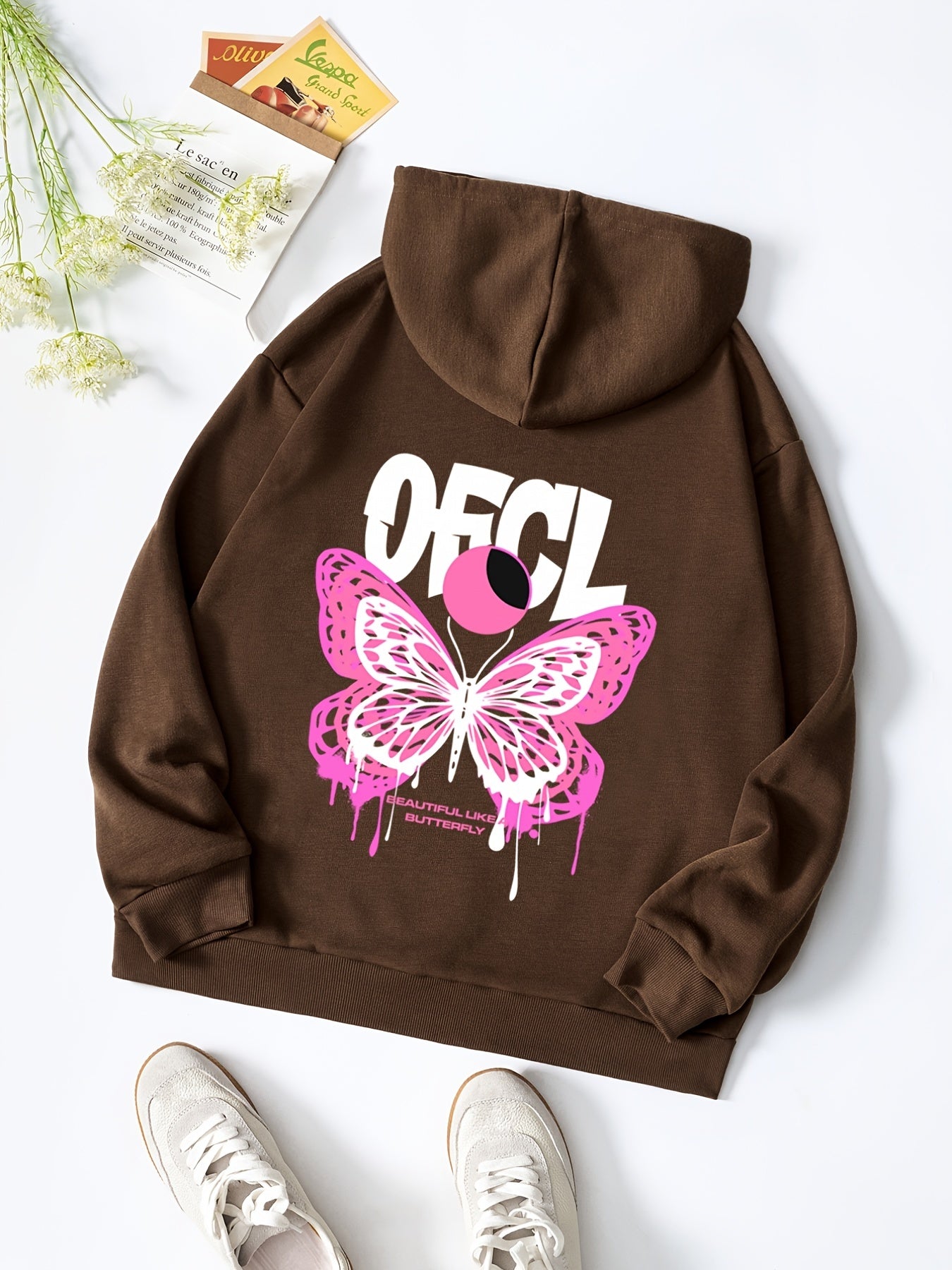 Butterfly Print Hooded Sweatshirt with Kangaroo Pocket