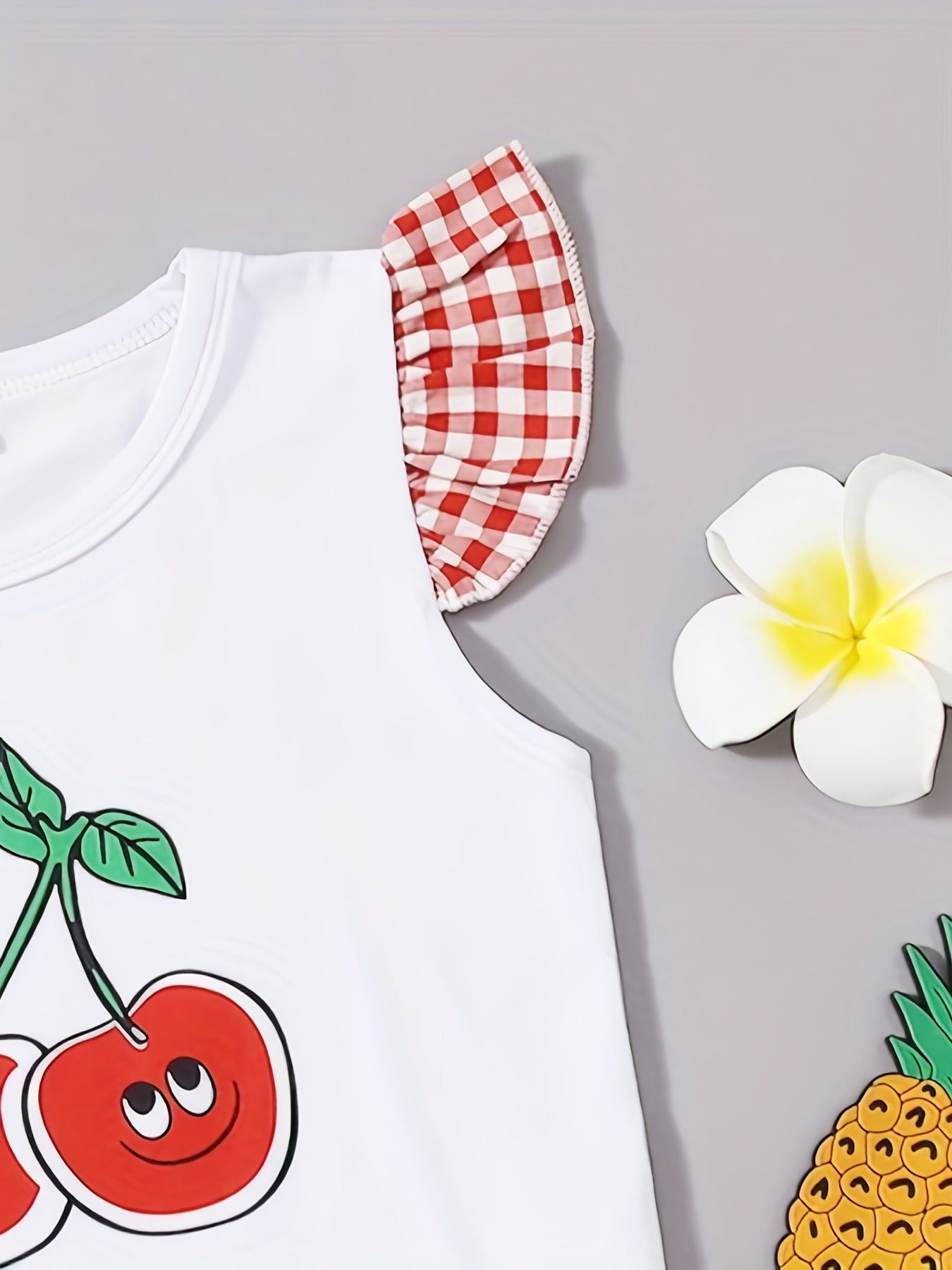 2pcs Toddler Girls Cherry Ruffle T Shirt & Plaid Shorts Set Kids Summer Clothes