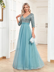 V Neck Sequin Long Dress Chiffon Sleeve Waist Evening Gown