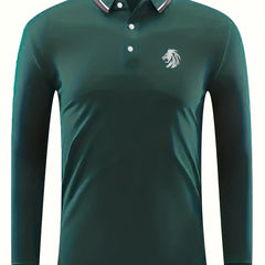 Men's Lion Print Long Sleeve Polo Shirt