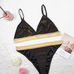 Glitter Colorblock Bra & Panties Set Women's Plus Sexy Lingerie Set