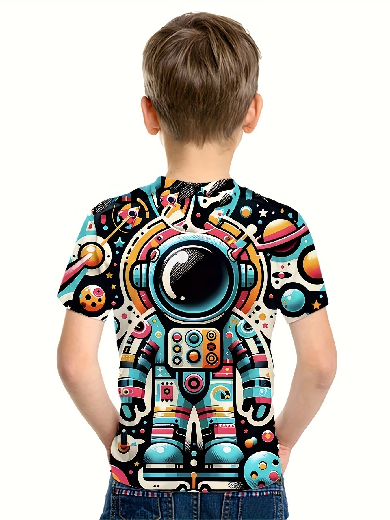 Cartoon Astronaut Print Boy's Tee Short Sleeve Crew Neck Comfy T shirt