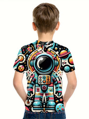 Cartoon Astronaut Print Boy's Tee Short Sleeve Crew Neck Comfy T shirt