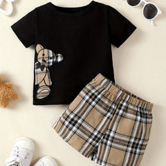 2pcs Baby Boys Bear Graphic T shirt & Plaid Shorts Set
