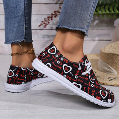 Love Pattern Skate Shoes Flat Canvas Lace-up Women's Shoes