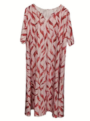 Leaf Print Short Sleeve Dress With Pockets