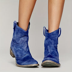 Women's V Cut Ankle Boots Retro Slip On Block Low Heel Shoes
