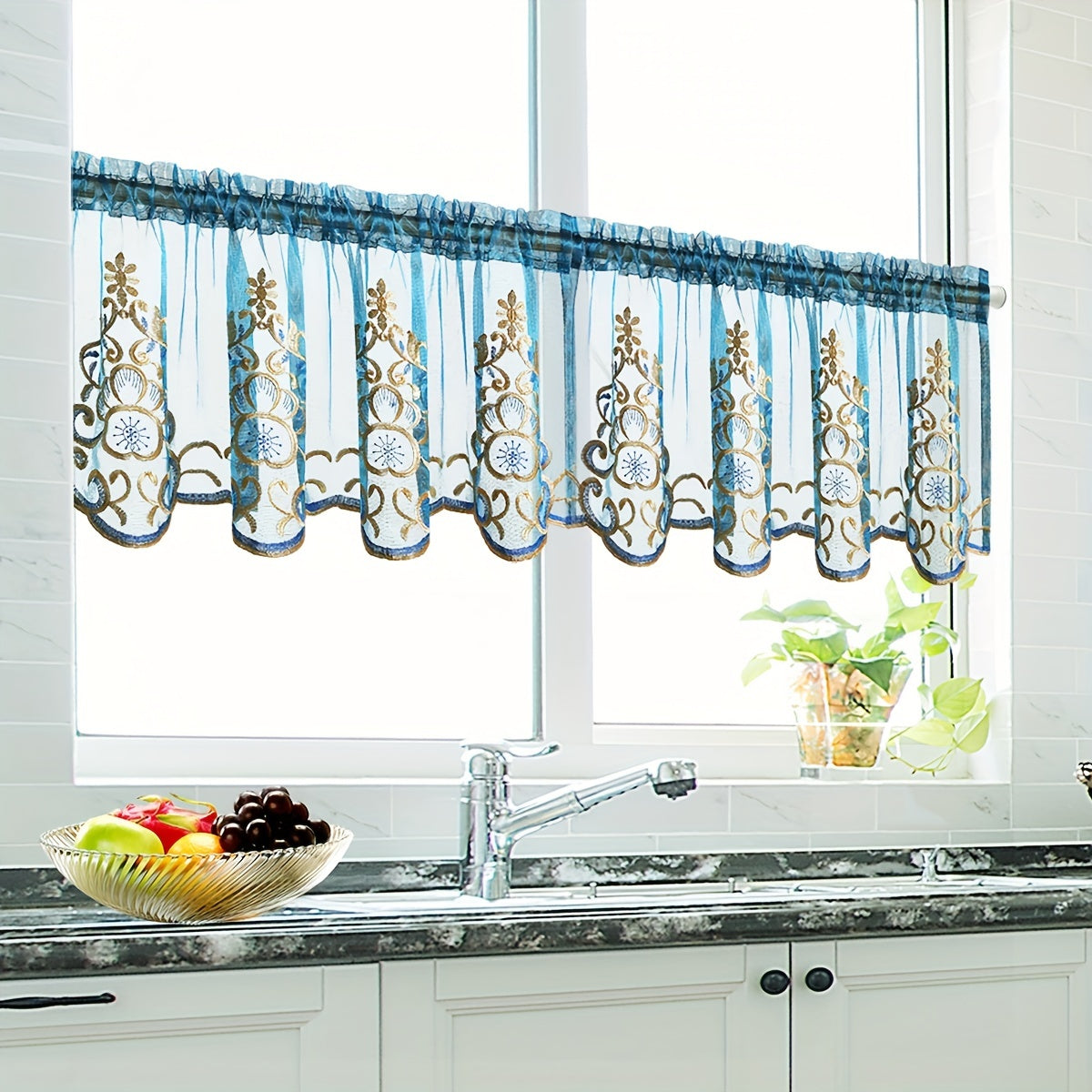 Embroidered Cafe Curtain Argyle Pattern Sweet Mantle for Bedroom Window