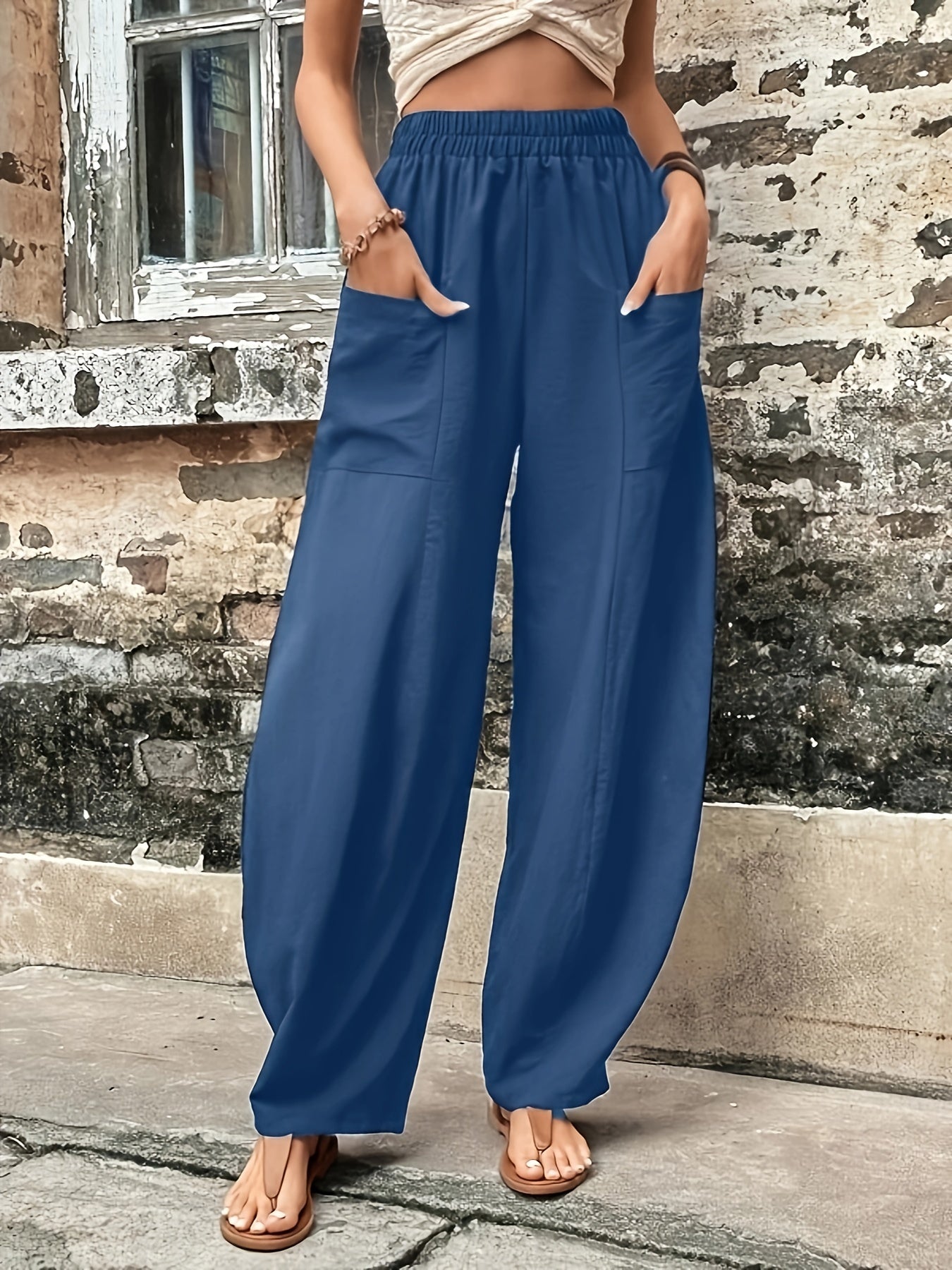 Solid Loose Trousers With Pockets Athleisure Trousers Women's Clothing