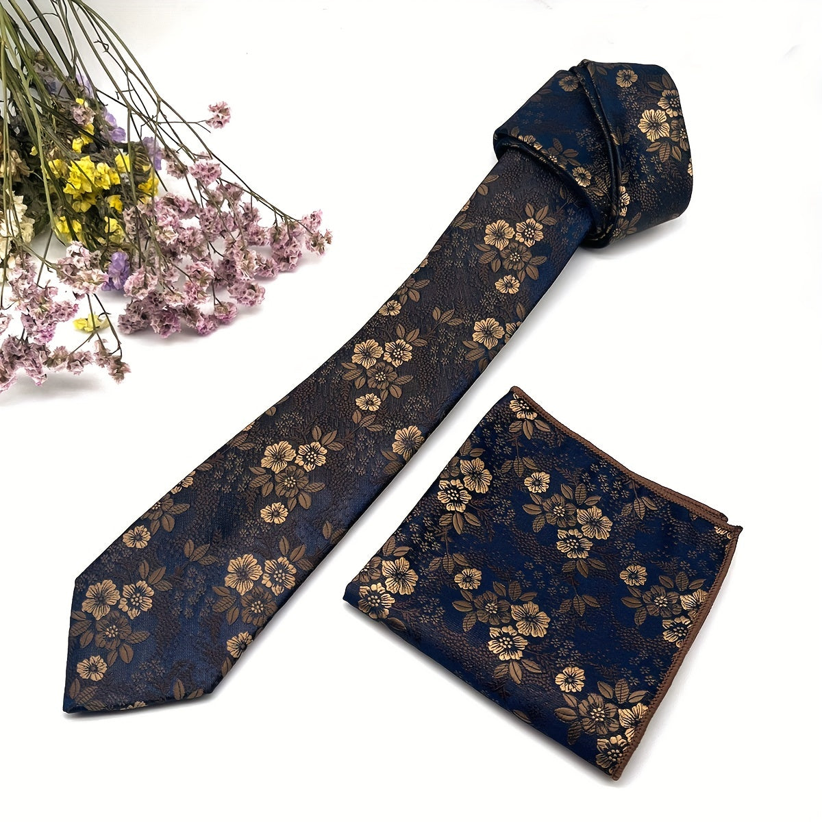 Men's Flowers And Leaves Tie & Pocket Square Set