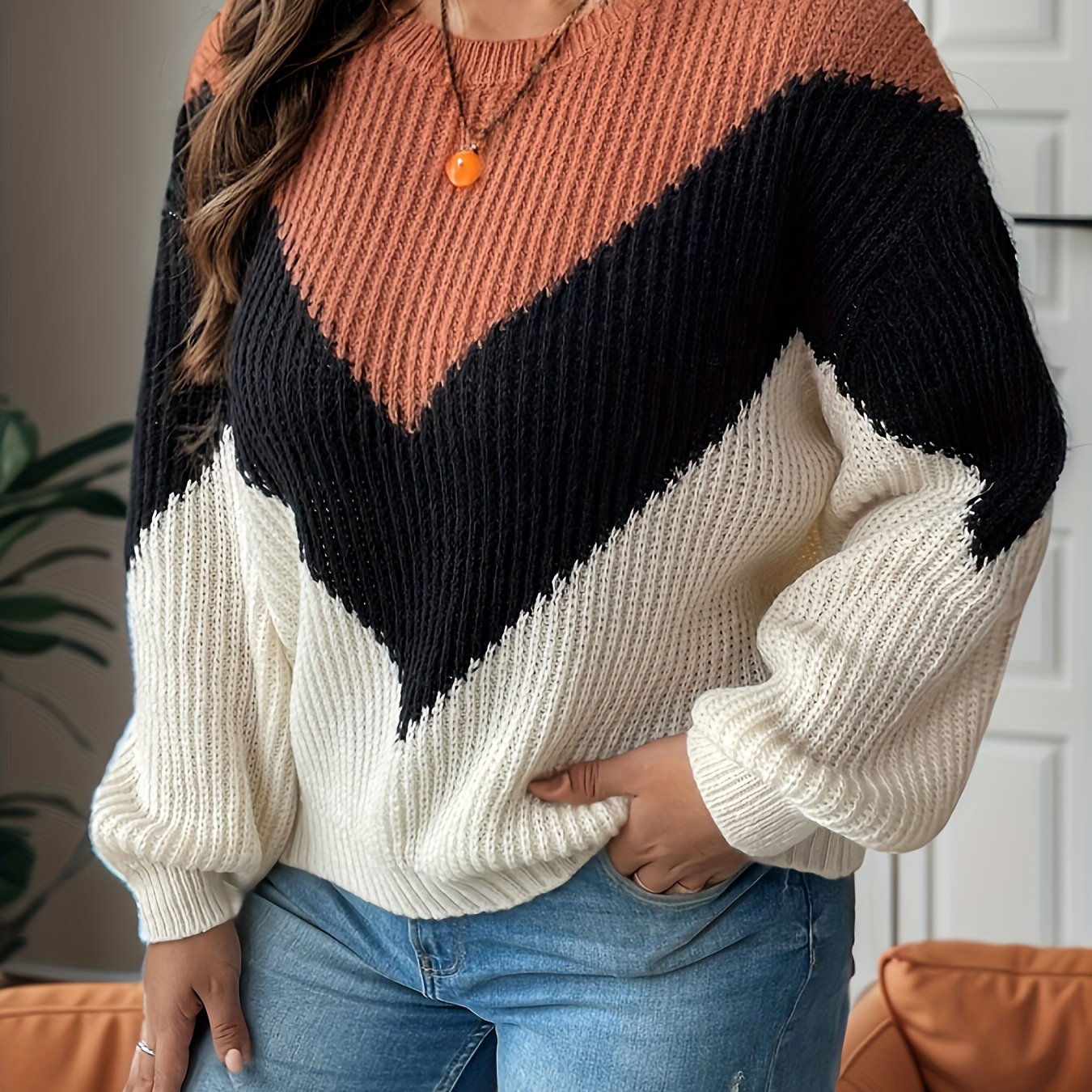 Colorblock Lantern Sleeve Knit Top