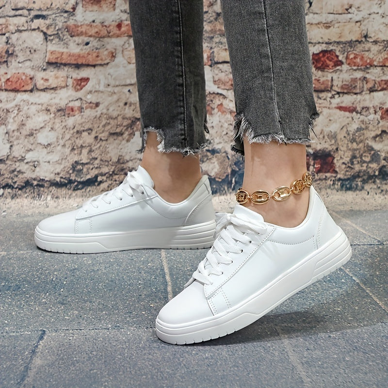 Solid Lace Up Flat Skate Shoes Women's Faux Leather Comfort Sneakers