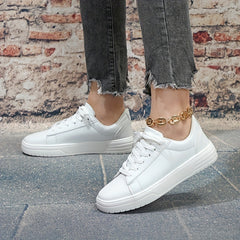 Solid Lace Up Flat Skate Shoes Women's Faux Leather Comfort Sneakers