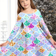 Girls Fish Scale Long Sleeve Dress Spring Fall Christmas Gift