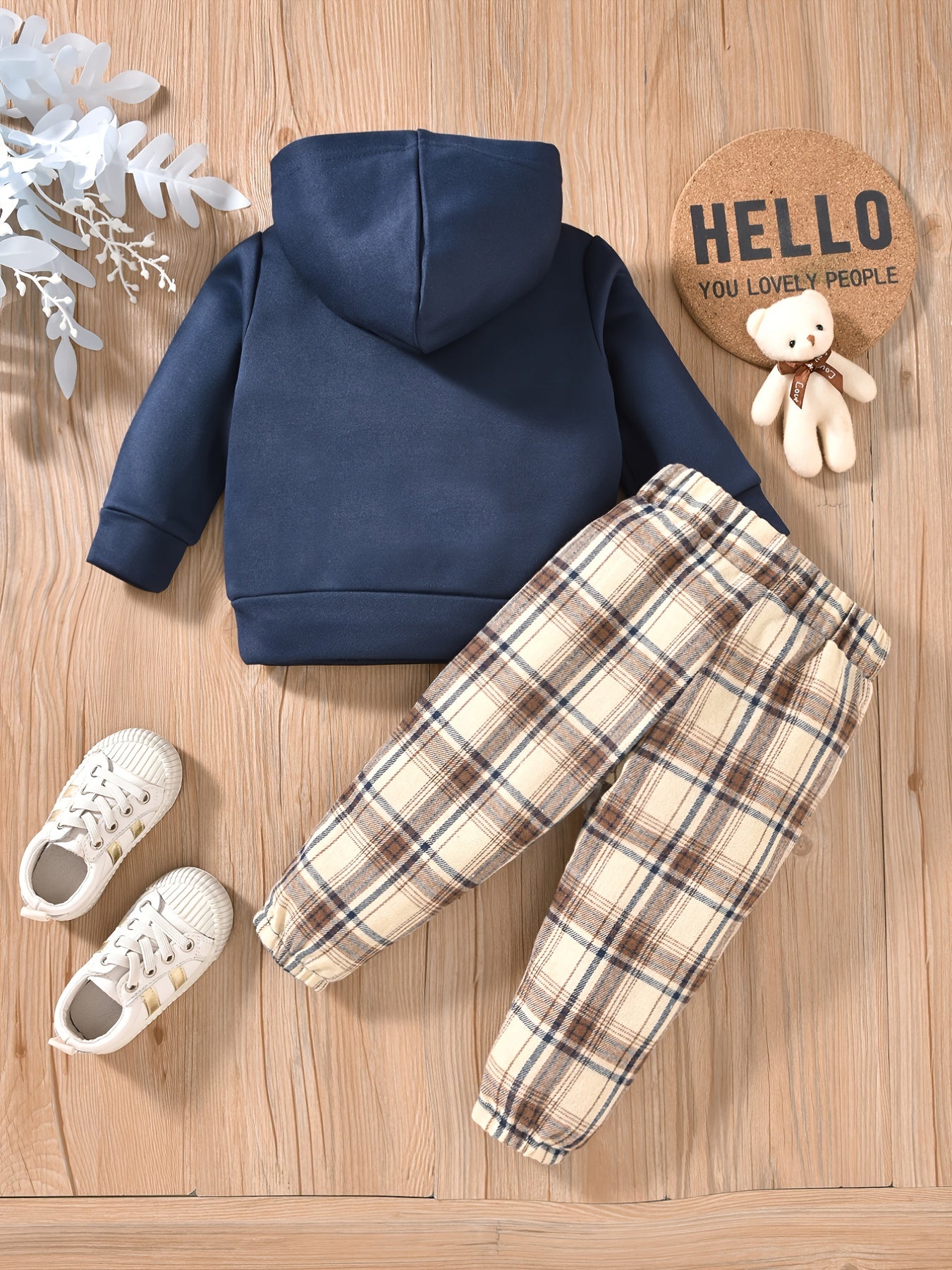 Baby Boy Bear Print Hooded Sweatshirt Plaid Pants 2pcs Set