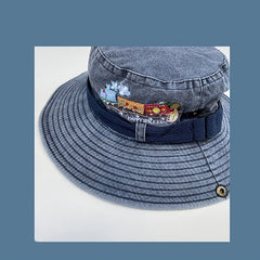 Outdoor Washed Sun Protection Embroidered Train Pattern Bucket Hat