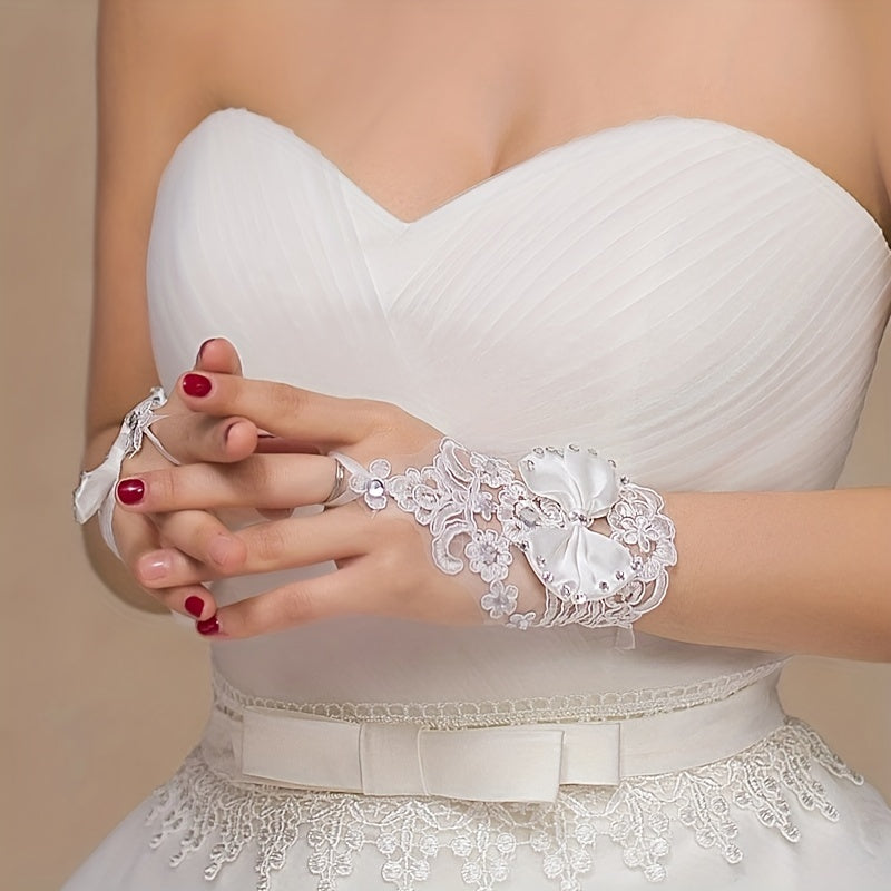 Bow Decor Embroidery Lace Short Gloves Wedding Bridal Fingerless Gloves