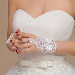 Bow Decor Embroidery Lace Short Gloves Wedding Bridal Fingerless Gloves