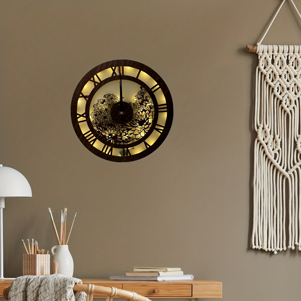 Retro Wooden LED Clock Lamp Flower Shape