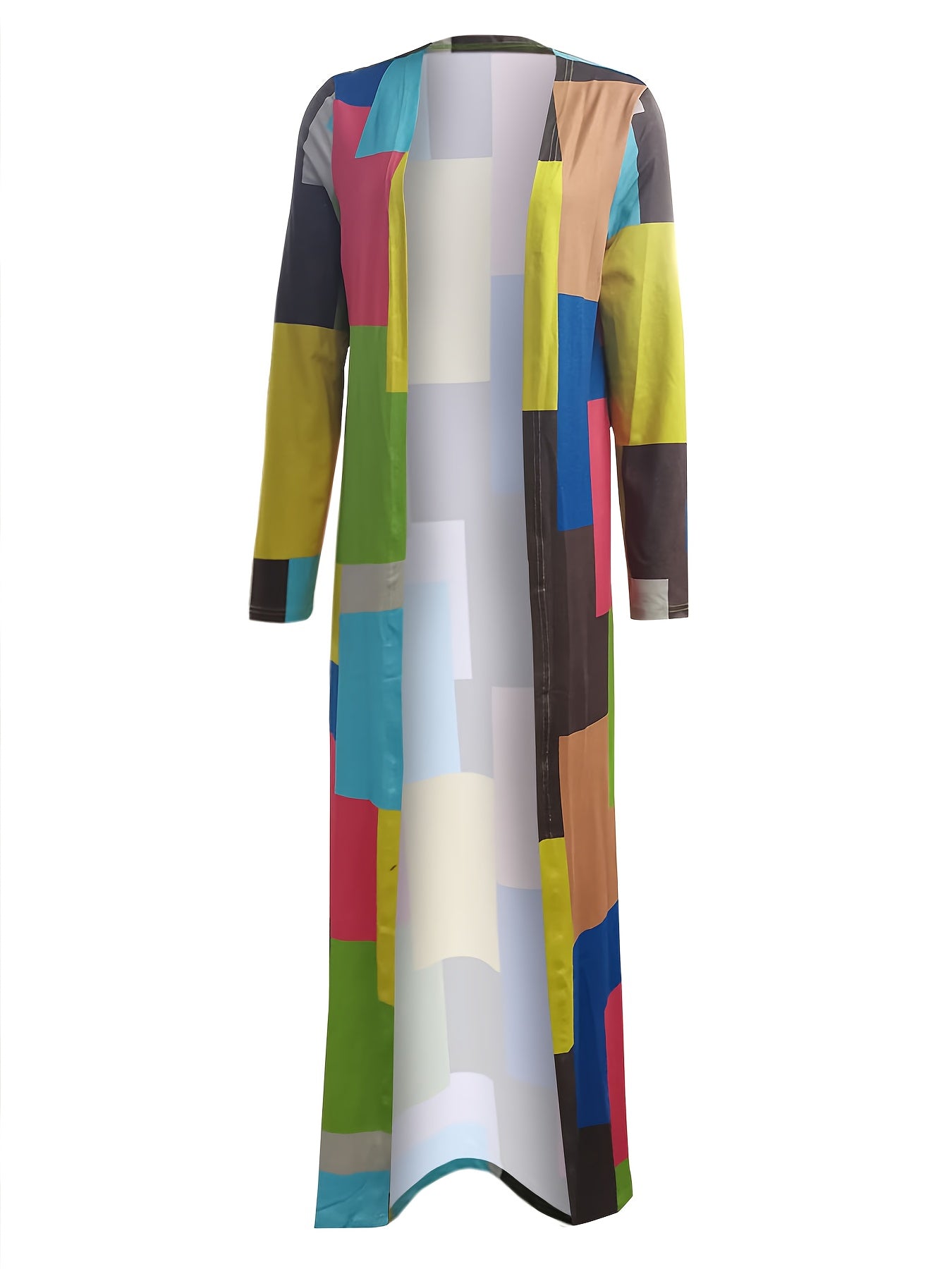 Colorful Patchwork Coat Split Open Front Long Length Coat Women's Clothing
